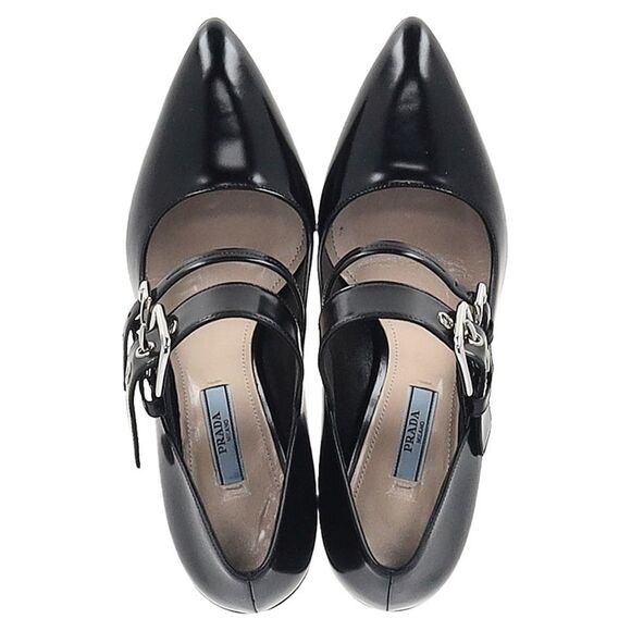 Prada Double Strap Mary Jane Block-Heeled Pumps in Black Leather - Picture 8 of 12
